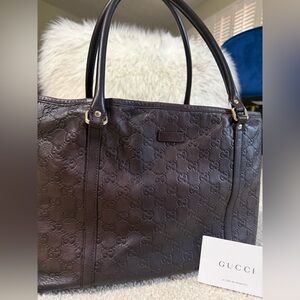 Gucci Dark Brown Embossed Leather Tote Guccissima
